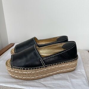 Prada Black Leather Platform Block Heel Espadrilles